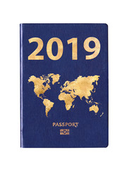 Passport 2019 with a world map on the cover, concept