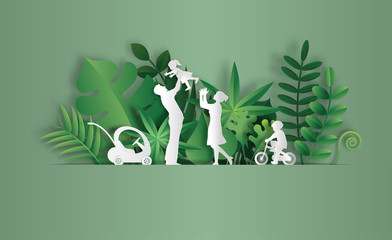 Paper art style of landscape with family enjoy fresh air in the park, save the planet and energy concept, beautiful green leaves background, flat-style vector illustration.