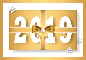 Merry Christmas and Happy new year 2019 with golden bow and diamond, greeting card vector illustration