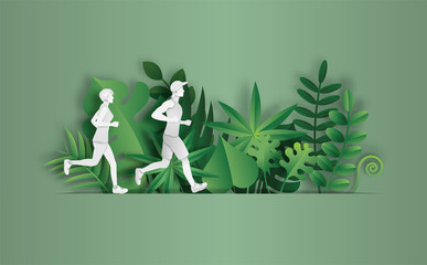 Paper art style of landscape in the park with couple running, sport and activity concept, beautiful green leaves background, flat-style vector illustration.