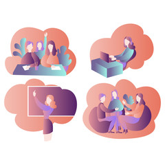 Speaking club, discussion class and online education elements. Cartoon students and teacher in school, team learning course. Conversation with friends