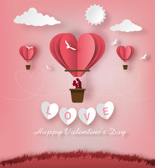 Cute couples in love hugging, staring at each other's eyes and standing inside a basket of an air balloon, paper art style, flat-style vector illustration.
