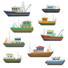 Sea fishing vessels and boats. Sea ships for fishing seafood.