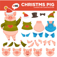 Christmas pig character construction, emoticons and clothes choice