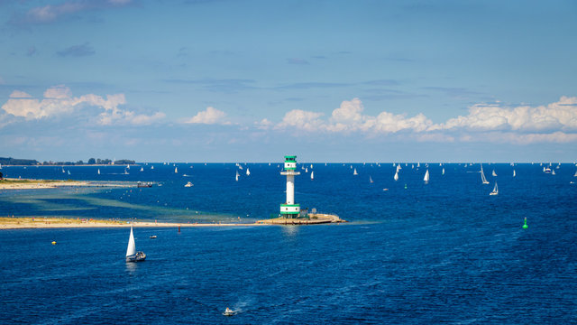 Many sailing boats in the harbor of Kiel Germany. Taken from the deck of the Color Fantasy ferry which travels from Kiel to Oslo which is currently the world's second largest cruise ferry