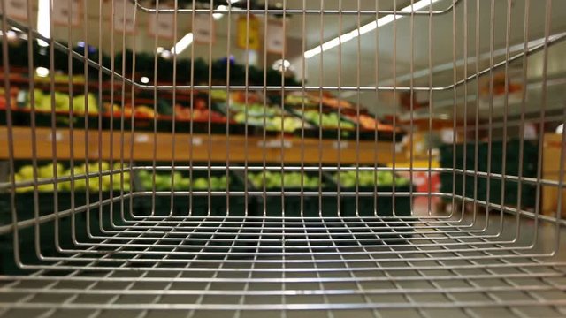 Shopping cart moving through grocery store
