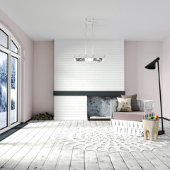 Beautiful Scandinavian Interior Design. White brick accent Fireplace, light blue Walls, white wooden Floor, Black floor lamp and a rattan armchair with pillows