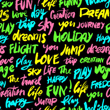 Seamless pattern with different colors words love, fun, sky, travel, holiday and other. Modern brush calligraphy illustration. Hand drawn positive seamless pattern