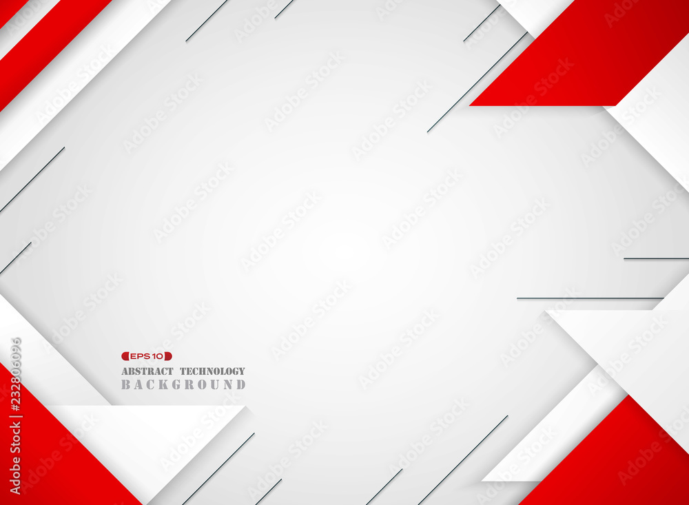 Poster abstract of futuristic red and white geometric sci pattern on gradient white background.