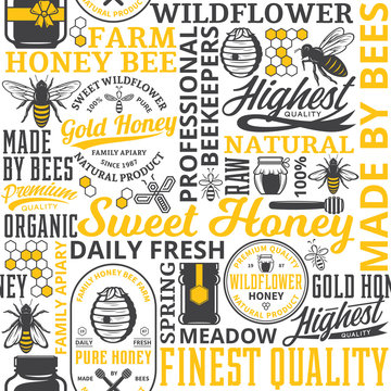 Honey seamless pattern, logo and icons
