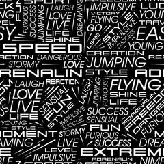 Vector seamless pattern in the style of racing cars with the words speed, extreme, flying, adrenaline and others