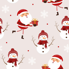 Seamless pattern funny santa claus and snowman