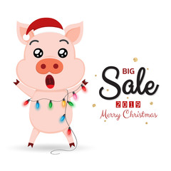 Winter sale banner with cute pig and Christmas lights.