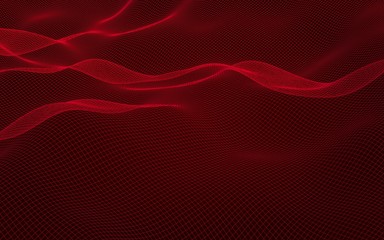 Abstract landscape on a red background. Cyberspace grid. Hi-tech network. 3D illustration