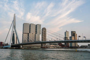 Evening Rotterdam Skyline with Erasmus Bridge Kop van Zuid neighborhood, The Netherlands