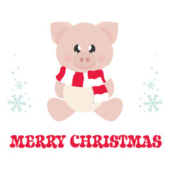 winter cartoon pig with scarf sitting and christmas text