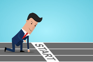 Businessman ready to sprint on starting line. Starting career concept. Businessman in starting position ready to sprint run. Side view. Vector illustration