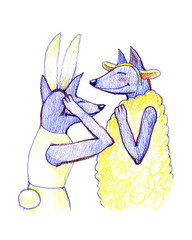 Wolf trying on someone else's skin. Color pencil illustration Wolf in sheep s clothing