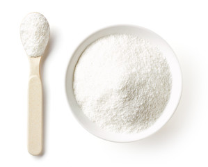 Rice porridge powder isolated on white, from above