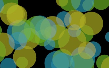 Multicolored translucent circles on a dark background. Green tones. 3D illustration