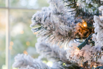 White Christmas Holiday lights on a artificial snow flocked Christmas tree in an American Home