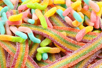 Assorted gummy candies. Top view. Jelly  sweets.