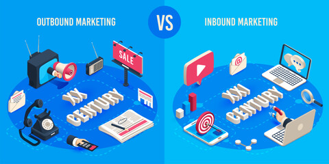 Outbound and inbound marketing. Isometric market advertising generations, online markets sales magnet and ads megaphone vector concept