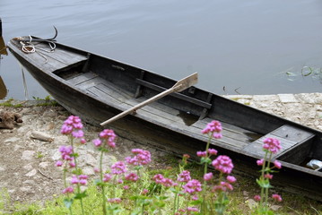 Ville de Chinon, barque traditionnelle à fond plat, fleurs en premier plan, département...
