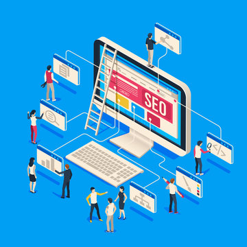 Isometric Seo Agency. Creative People Startup Develop Team Creating Together On Computer. 3d Seo Vector Illustration