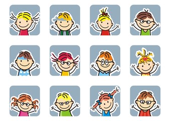 Happy kids, portraits, group of children, isolated objects, vector icons