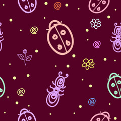 Abstract seamless pattern with insect motifs, beetles and ants