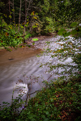long exposure rocky mountain river in summer with high water stream level