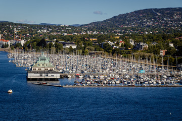 The Frognerkilens boat association in the city of Oslo, Norway. Picture taken on a beautiful summer day in August from a cruise ship that just entered the Harbor of Oslo.
