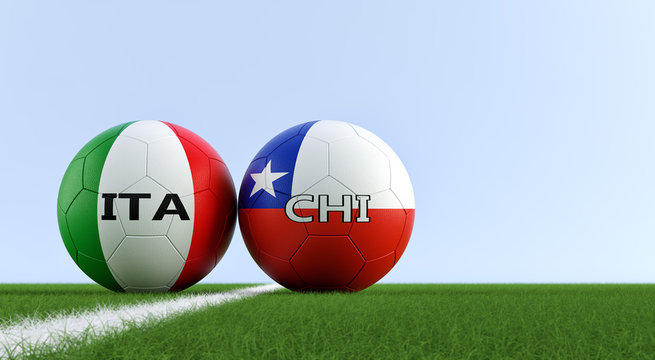 Italy vs. Chile Soccer Match - Soccer balls in Italy and Chile national colors on a soccer field. Copy space on the right side - 3D Rendering 