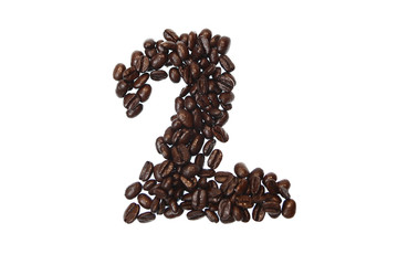 Number two with coffee beans isolated on white background
