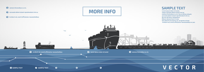 Automobile sea cargo ship, in the port near the pier and rows of new cars, infographics.