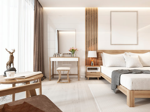 Modern light bedroom with wooden furniture in Scandinavian style.