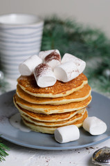 Pancakes with Marshmallow on Winter Background, Christmas Dessert