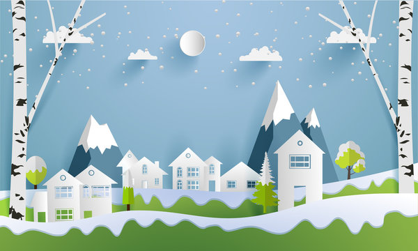 city ​​in winter. landscape with paper art design