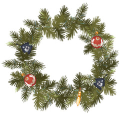 Christmas fir wreath decorated with toys. Frame. Isolated on white background.