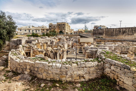 HAGAR QIM, MALTA - NOV 11, 2012: Hagar Qim, ancient Megalithic Temple of Malta, is a unesco world heritage site on the island nation of Malta.