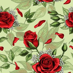 Red rose bouquets and green leaves elements seamless pattern