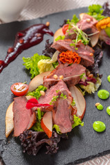 Tasty sliced roast duck breast with fresh vegetable salad closeup on a plate.