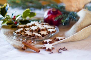 Typcial traditional German cinnamon stars biscuits for the Christmas holidays called 