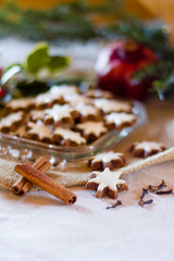 Typcial traditional German cinnamon stars biscuits for the Christmas holidays called 