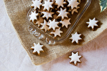 Typcial traditional German cinnamon stars biscuits for the Christmas holidays called 