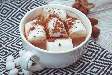 Hot chocolate with marshmallows on the table