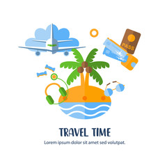 Vector illustration. Flat style icons  of traveling on airplane or car, planning a summer vacation, tourism and journey objects and passenger luggage. Trip elements with text for banner.