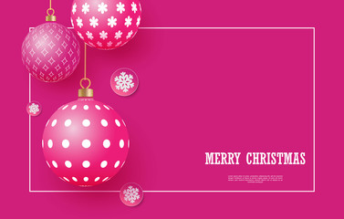 Christmas bright pink baubles with geometric patterns and snowflakes. Abstract Christmas background in bright colors. Place for your text. Vector