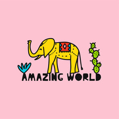 Travel card concept with elephant and text. Doodle style